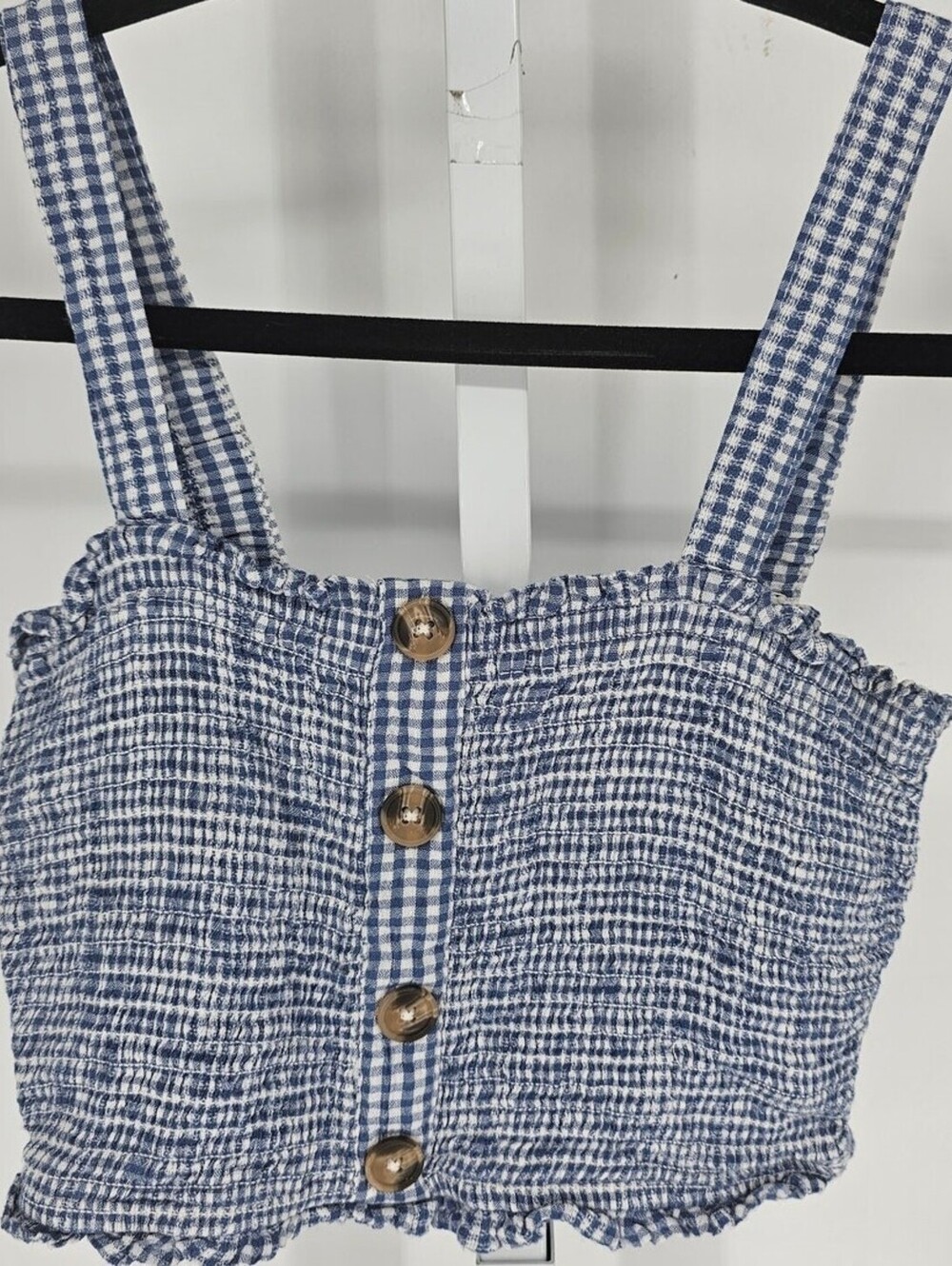 Japna Womens Sz S Sleeveless Crop Top Tank Blue White Gingham Plaid Smocked